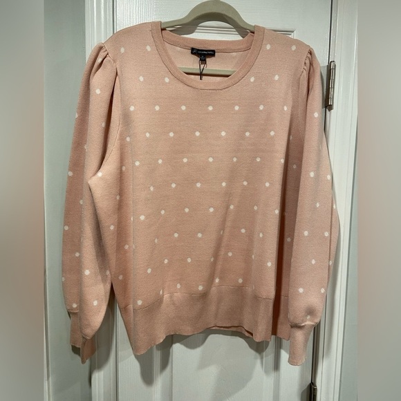 Adrianna Papell Sweaters - NWT Adrianna Papell Size 3X Pink White Polka Dot Knit Puff Sleeve Crew Sweater